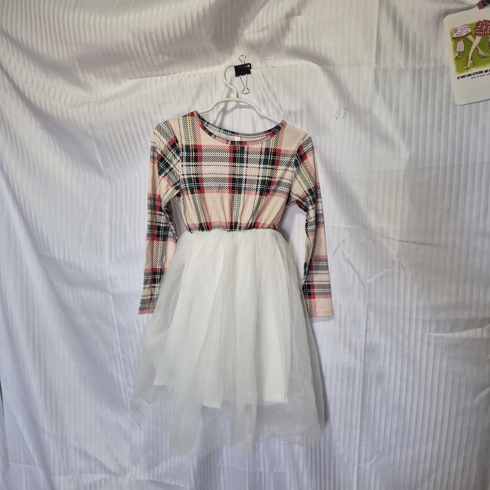 Plaid Long Sleeve Dress with Tulle Skirt